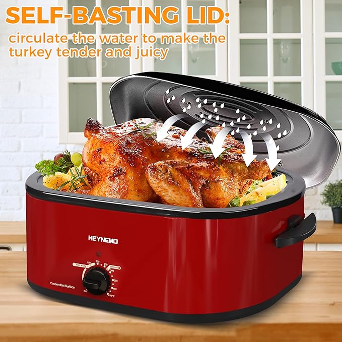 20Qt Roaster Oven Buffet with Self-Basting Lid, 1450W Stainless Steel Electric Turkey Roaster Oven with Cool-Touch Handles, Removable Pan and Rack, Red