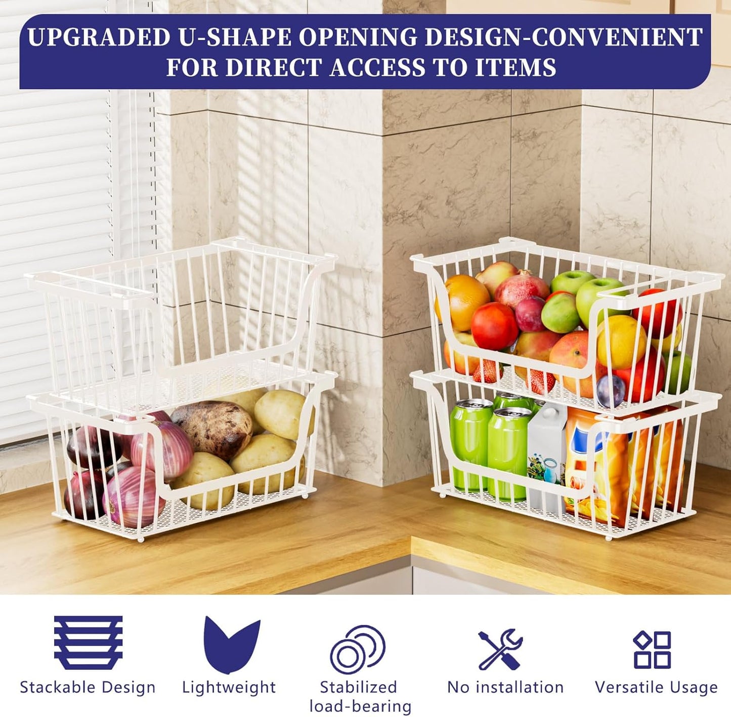 Enhanced Leak-Proof Bottom Stackable Wire Baskets, 6 Pack Pantry Organizers and Storage, pantry storage，Shelf Baskets, Fruit Basket, Potato and Onion Storage Bins，(White)