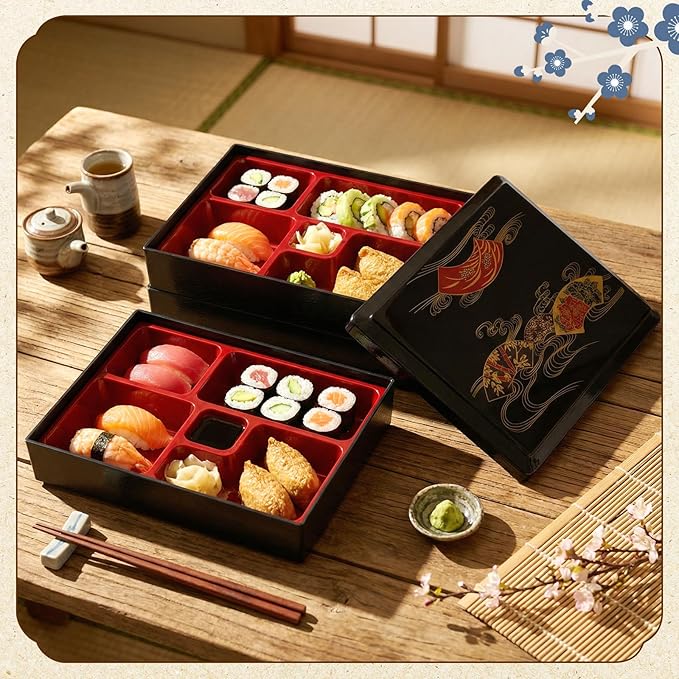 Teenyyou 1 Pcs Three -Tier Japanese Lunch Bento Box 10.6 x 8.3 x 6.1 Inch Japanese Stackable Lunch Box Divided Bento Container with Greaseproof Gift for Sushi Meal Snack Home Restaurant