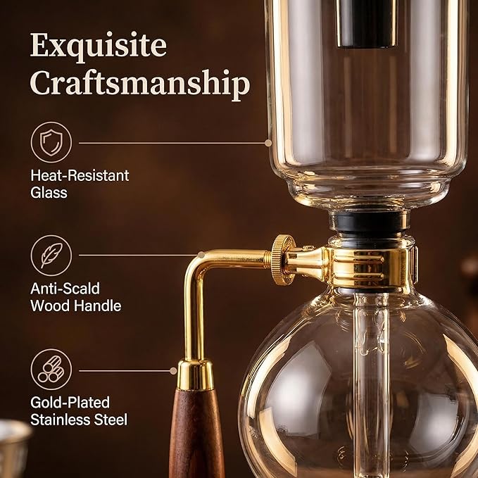 Siphon Coffee Maker, Heat-Resistant Glass Vacuum Coffee Brewer 5-Cup (600ml) with Alcohol Burner, Adjustable Buffer Clamp, Stainless Steel Bracket Base for Coffee Aficionados
