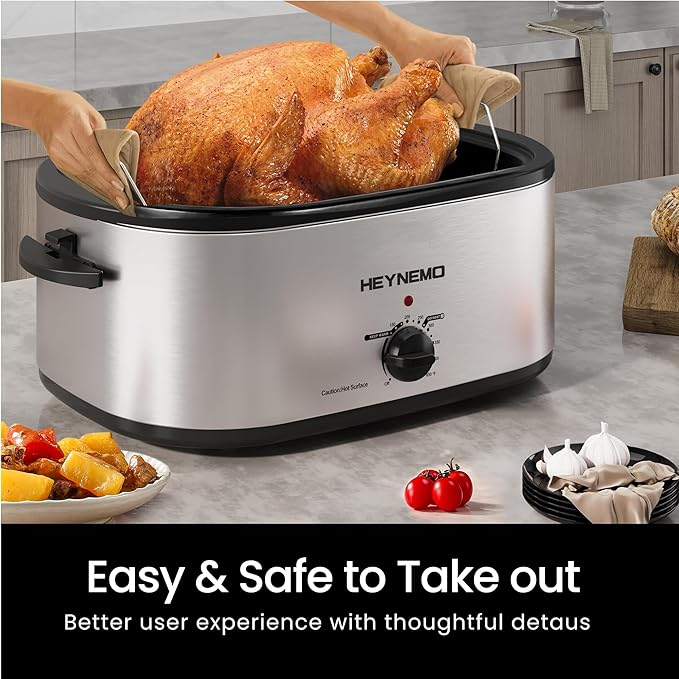 26Qt Turkey Roaster Oven Buffet with Self-Basting Lid, 1450W Electric Roaster Oven with Cool-Touch Handles, Stainless Steel Roaster Oven with Removable Pan and Rack, Silver