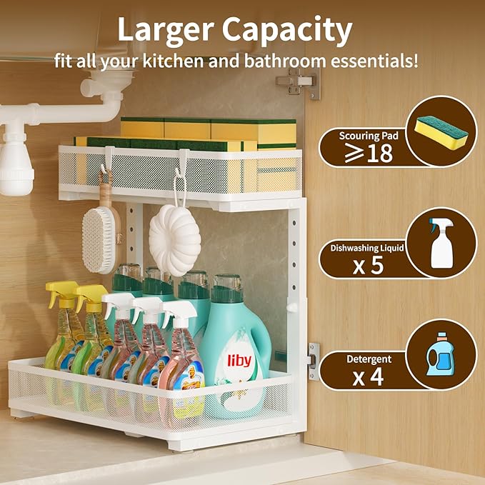 Under Sink Organizer 2 Pack, 2-Tier Slide Out Cabinet Organizer with Metal Sliding Drawer and Hooks, Pull Out Storage Baskets for Kitchen Bathroom Pantry Cabinet Organization (White)