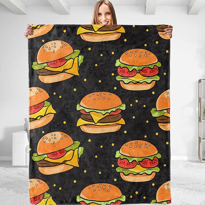 Funny Hamburger Theme Plush Throw Blanket - Soft, Comfy, Lightweight, Warm, and Fuzzy - Ideal Gift for Men and Boys - Perfect for Couch, Bedroom, Travel, Bed - 80x60 inches