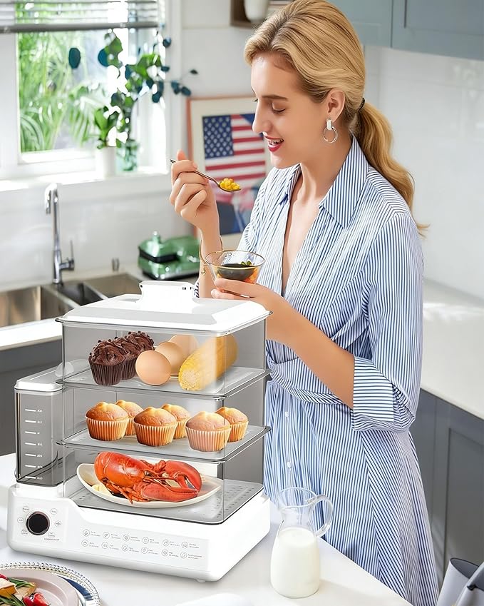 24L Electric Steamer, Three-Layer Food Steamer, Stainless Steel Steamer With Detachable Water Tank, 800w Large Capacity Breakfast Machine With Timer, Suitable For Families And Gatherings