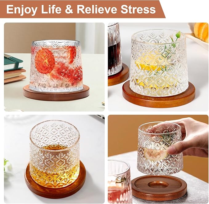 Rotatable Old Fashioned Glass Cup, 275ml/10oz Crystal Whiskey Glass Set of 2, Wood Coaster, Thickening, Used as Rum Glass Cup, Cocktail, Coffee, Milk to Relax and Reduce Stress, Christmas gifts