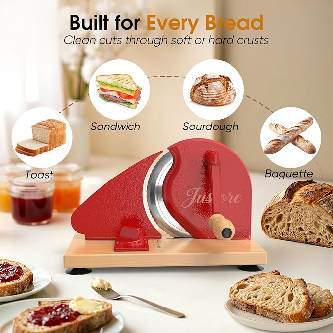 Manual Bread Slicer for Homemade Bread, Adjustable Thickness and Evenly Slicing, Sourdough Bread Slicer with Hand Crank, Clear Scale Line, Non-Slip Suction Base & Sharp Blade