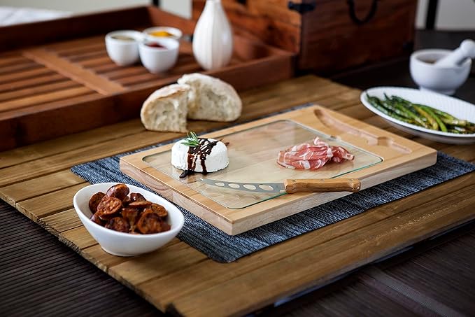 PICNIC TIME NHL Utah Mammoth Icon Glass Top Cutting Board & Knife Set, Charcuterie Board Set with Stainless Steel Cheese Knife, Tempered Glass Serving Platter and Charcuterie Set, (Natural Wood)