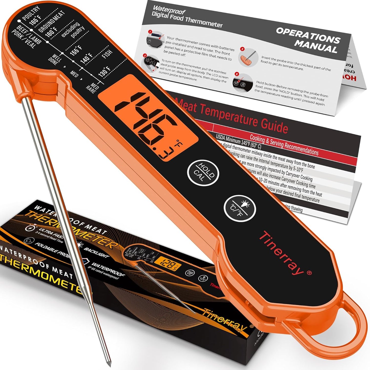 Digital Meat Thermometer Instant Read - Ultra Fast 1s Reading, Waterproof with Backlight & Motion Sensor for BBQ, Grilling, Smoker, Candy, Oil (Orange)