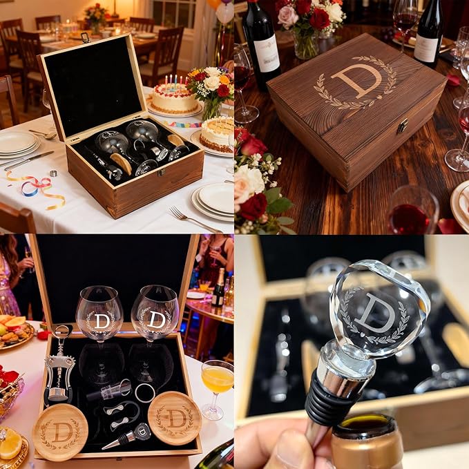 GZLDGIFTS Personalized Initial Wine Glasses Box Gift Set For Women Mom Engraved Birthday Monogrammed Wooden Christmas Gifts Wedding Anniversary Wine Couples Stopper Opener Initial Letterr (H Set)