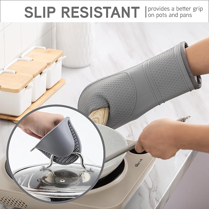 COOK WITH COLOR Silicone Oven Mitts- Heat Resistant Gloves with Soft Quilted Lining Oven Mitt Pot Holders for Cooking and BBQ, Gray, Mitt Set