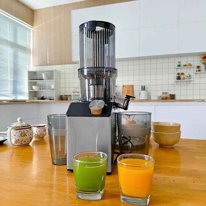 Cold Press Juicer, Wide Feed Chute Juicer Machines, Stainless Steel Slow Masticating Juicers Easy to Clean, Vegetables & Fruits Juice Extractor, High Juice Yield, Gray Color Knob