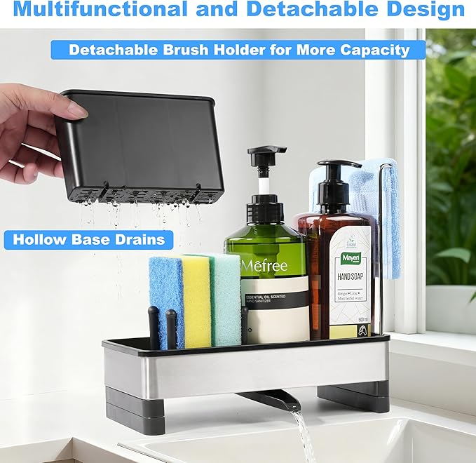 Kitchen Sink Caddy Organizer, Stainless Steel Sponge Holder, Kitchen Caddy Sink Organizer with Dish Brush Holder and Dishcloth Rack, Rustproof Dish Sponge Drying Rack for Countertop Storage
