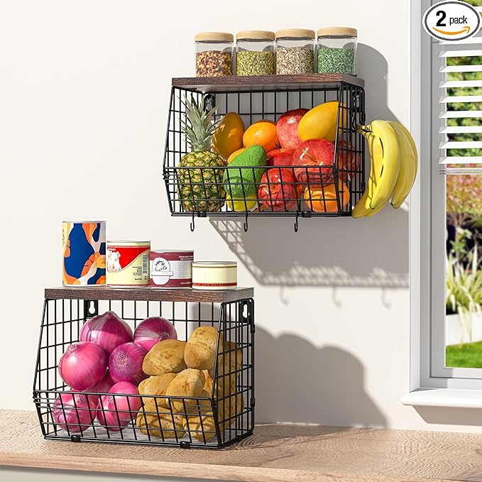 Wawocs Fruit Basket for Kitchen Counter 2 Tier Fruit Bowl, Stackable Wall Mounted Hanging Fruit Basket Wire Baskets with Wood Lid with 4 Banana Hanger Hooks, Onion Basket, Fruit and Vegetable Storage