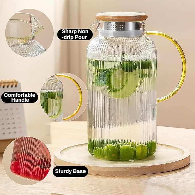 Buaic Glass Pitcher with Lid, 2 PACK 68 oz/2 Liter Vertical Water Pitcher With Serving Tray, Clear Borosilicate Glass Water Carafe for Cold Brew, Coffee, Lemonade, Iced Sun Tea,Beverage,Heat Resistant