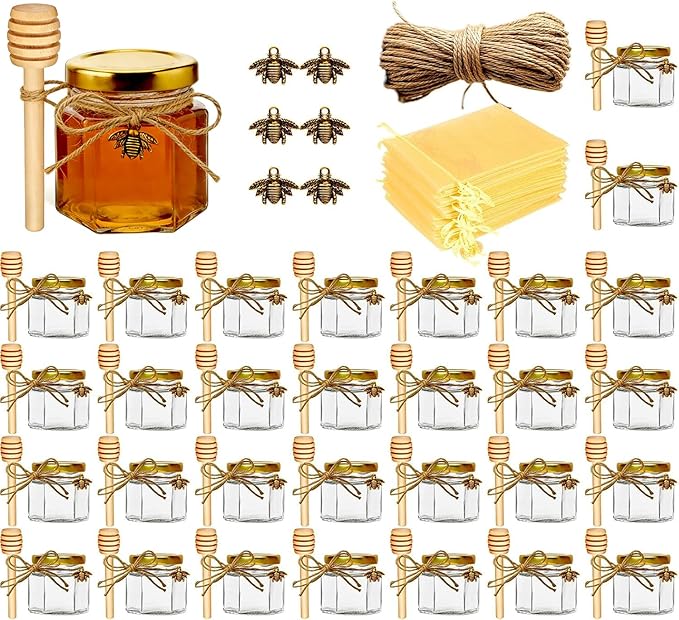 Adabocute Honey Pot, Mini Glass Honey Jars with Wood Dipper, Gold Lid, Bee Charms, Gold Organza Bags, Thank-you Tags, Ideal for Baby Showers Wedding Favors Party Favors, 2oz 30 Pack