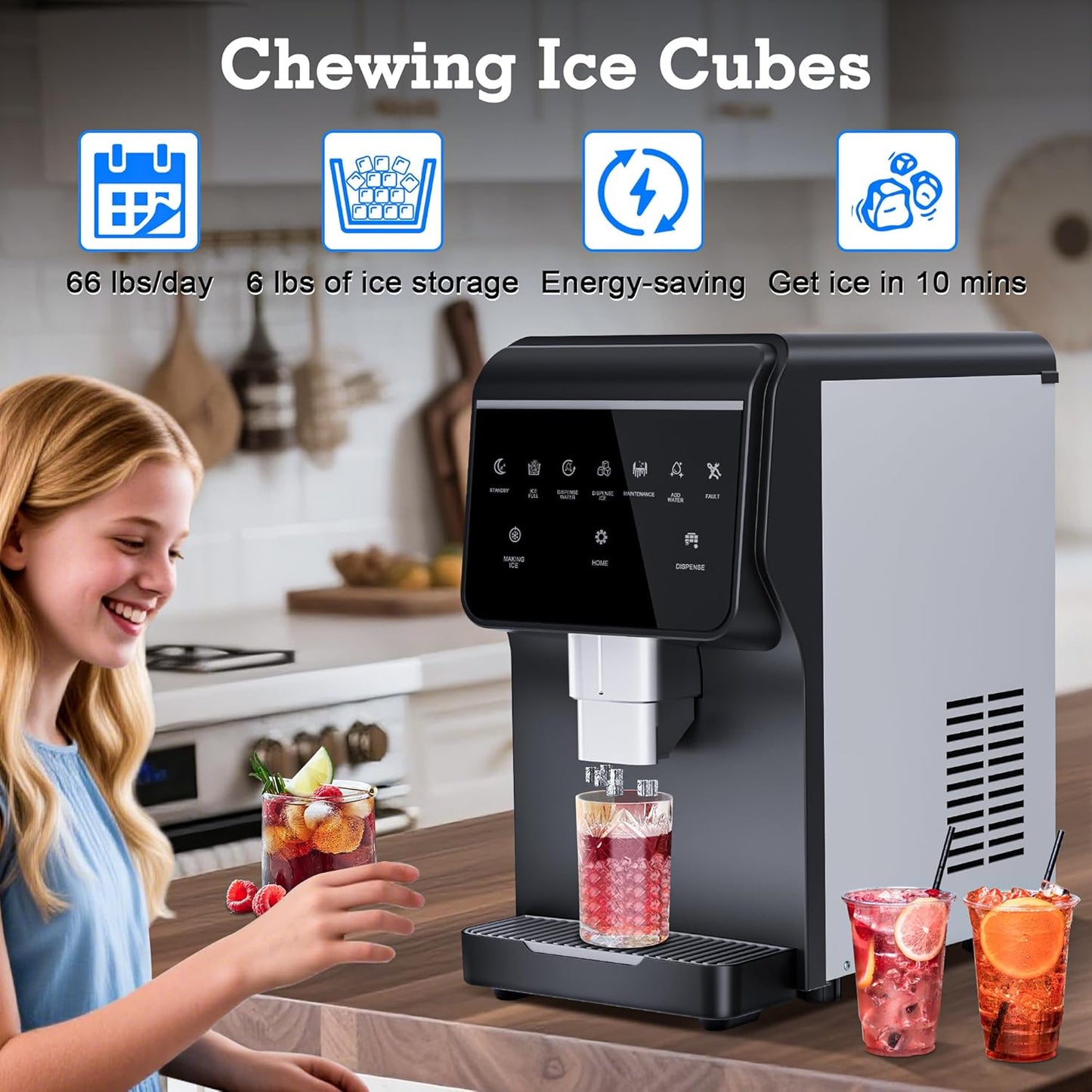 Nugget Ice Maker 66Lbs/24H Chewable Pellet Ice Machine, Built-in 6lbs Ice Storage, Self-Cleaning Function,Stainless Steels Ice Machine for Home,Office,Party,RV