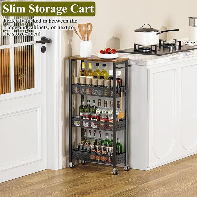 OKZEST Utility Slim Storage Cart, 4 Tier Small Rolling Kitchen Laundry Room Cart with Wood Top, Metal Narrow Bathroom Storage Cabinet Mobile Shelf Unit Organizer Trolley with Handle for Narrow Space