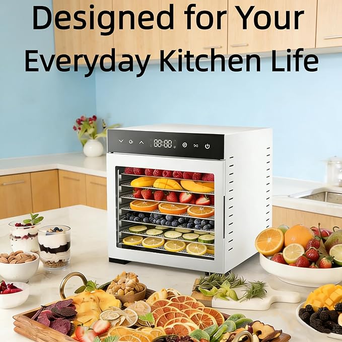 Simple Deluxe Food Dehydrator Machine, Fruit Dryer Machine with 8 Stainless Steel Trays, 24H Digital Timer 185°F Temperature Control, 500W Food Dryer for Jerky Meat Herb Fruit and Dog Treat, Silver