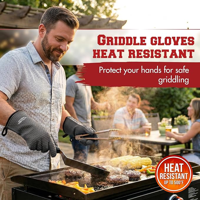 KITCHEN PERFECTION Silicone Oven & Griddle Gloves -Extreme Heat Resistant BBQ & Grilling Gloves -Handle Hot Food Right on Your Griddle |Waterproof Oven Mitts Grill Gloves |Superior Set+3 Bonuses
