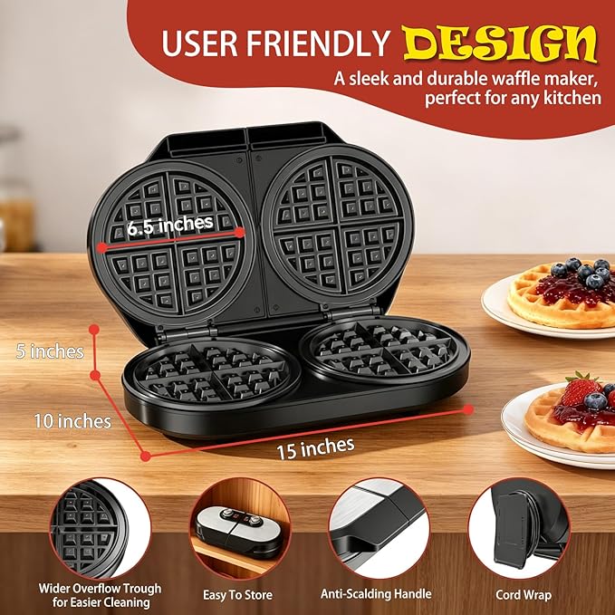 Double Waffle Maker, 6.5" Belgian Waffle Maker with 2 Independent Adjustable Temp Knobs, 1200W Waffle Iron with Nonstick Plates for Breakfast and Snacks, Easy to Clean, Stainless Steel, Black
