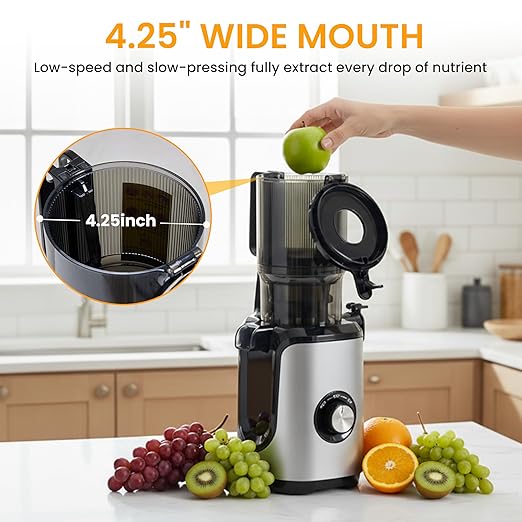 HealSmart Cold Press Juicer, Slow Masticating Juicer Machines with Wide Feed Chute, Fits Whole Fruits and Vegetables, High Juice Yield, BPA Free, Easy to Clean, Silver