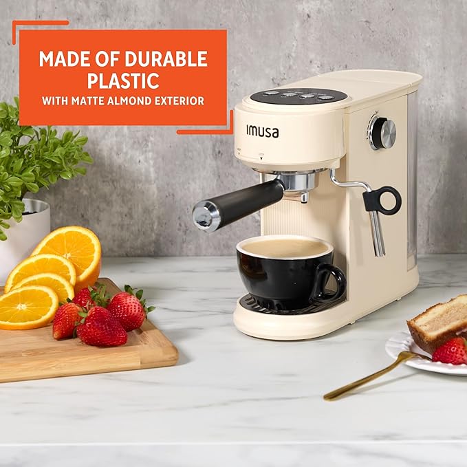 IMUSA 20 Bar Espresso Machine with Milk Frother, Compact 1-2 Cup Espresso & Cappuccino Maker, Thermoblock Fast Heating Coffee Machine, Hot & Iced Latte, Macchiato & Mocha Maker, Matte Almond