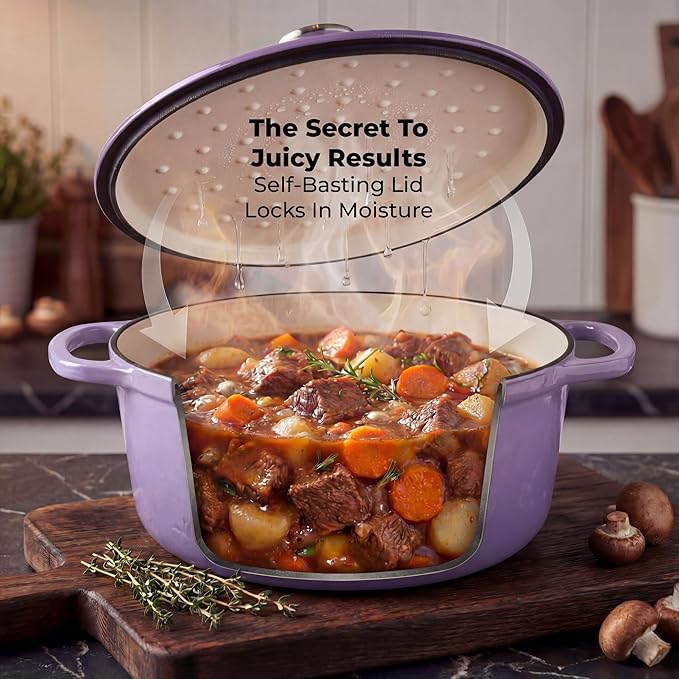 Zulay Kitchen 6 Quart Enameled Cast Iron Dutch Oven Pot with Lid – Premium Durability & Oven Safe up to 500°F – Heavy Duty Cookware Perfect for Bread Baking, Stews, Braising & Roasting - Lavender Jade
