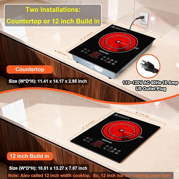 Dual Heating Coil Design of Single Burner Electric Cooktop, 1800W Ceramic Infrared Cooking Hot Plate, Portable Countertop or Built-in Radiant Stove Top Cooker with Wattage and Temperature Control