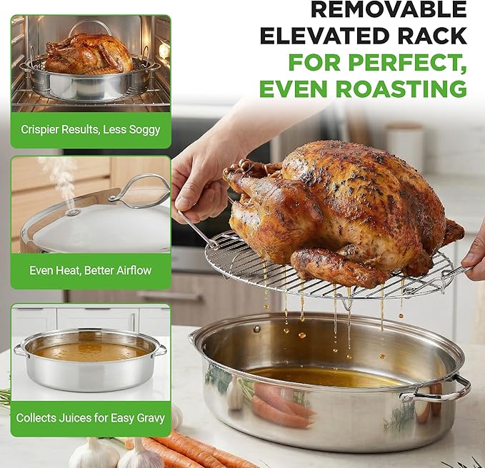 NutriChef 20" Oval Roasting Pan with Rack and Lid - Premium Stainless Steel Roaster Dish w/ Wide Handles & Removable Rack, Multi-Use Cookware for Turkey, Chicken, Stews, & More - Dishwasher Safe