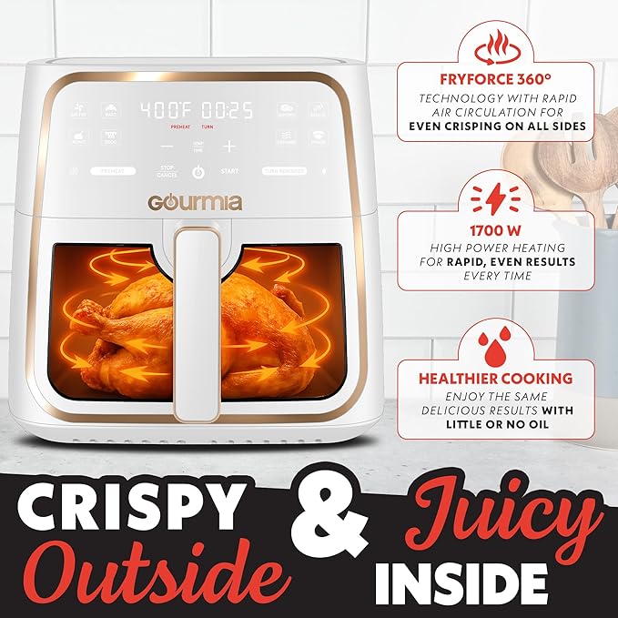 Gourmia 8 Qt Air Fryer, 8 Presets with Digital Display, FryForce 360° Technology, Easy View Window & Interior Light, Dishwasher Safe Basket, White