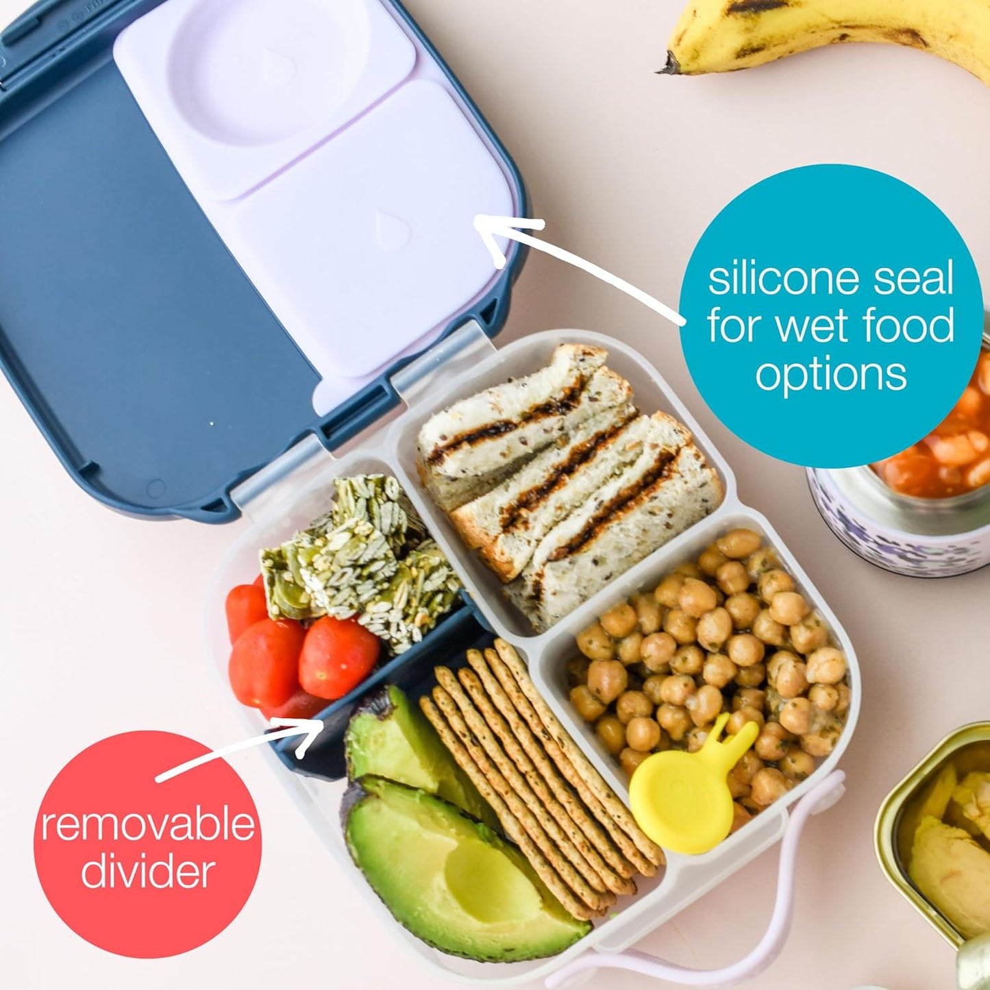 b.box Mini Lunch Box, Bento Box for Kids, Snack Container with 2 Leak Proof Compartments, Reusable Snack Containers with Lids, Kids Lunch Boxes Ages 3+, BPA Free, 4 1/4 Cup Capacity (Indigo Rose)