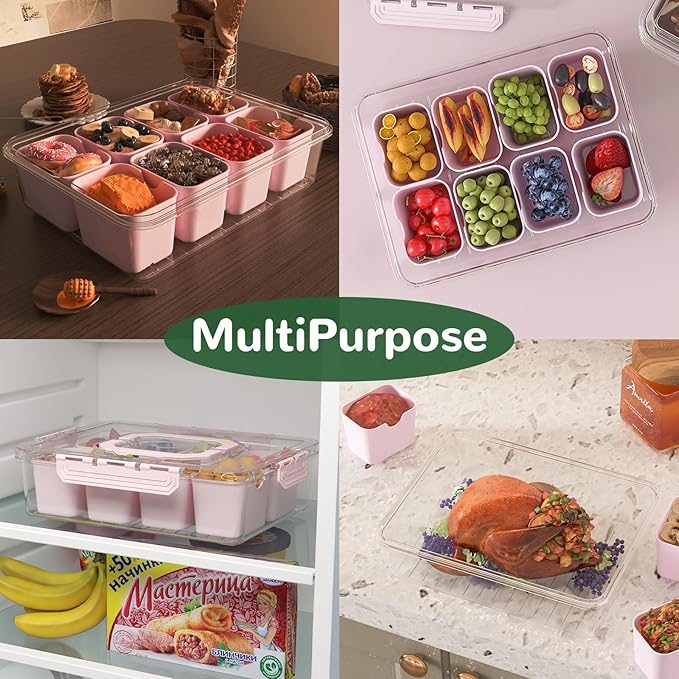 REBECAT Divided Serving Tray with Lid and Handles 8 Compartments Snack Box Container Charcuterie Organizer Snackle Box Container for Candy,Nuts，Fruits,Snacks,2 Pack,Pink