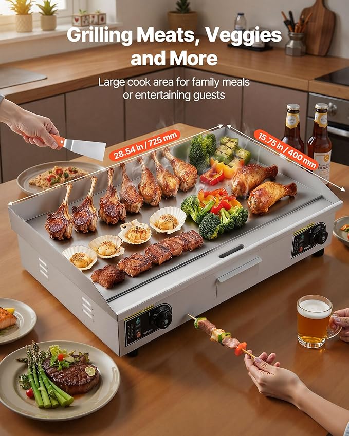 VEVOR Commercial Electric Griddle, 28.54 x 15.75 in, 4400W, 122-570°F Adjustable Temp Control, Stainless Steel Countertop Full Flat Top Grill with 2 Spatulas, 2 Brushes, for Steak, Pancake(NO PLUG)