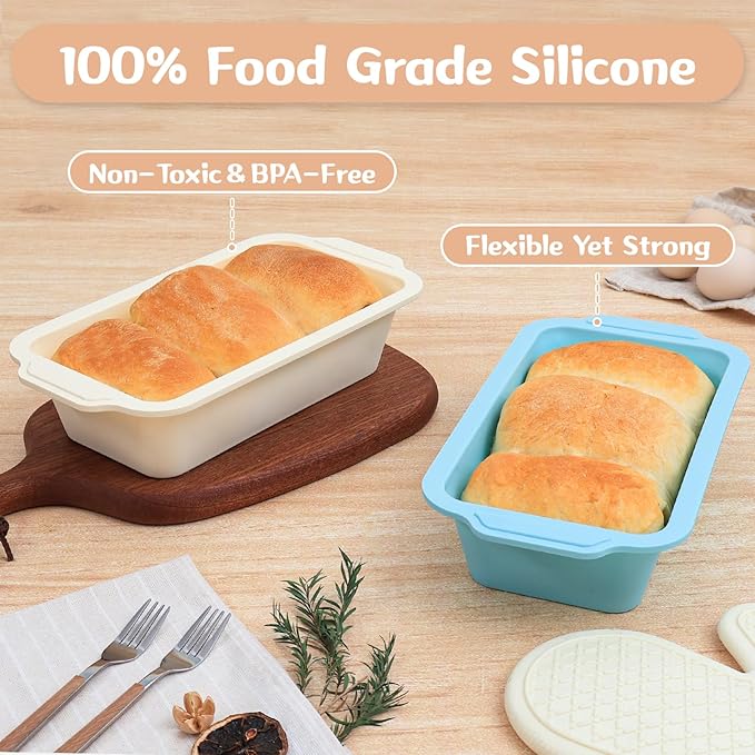 Nonstick Silicone Bread Loaf Pan: 9.5 x 5 Inch Bread Pan for Homemade Rye with Metal Frame - Loaf Mold for Baking Oven - Housewife Baker Home Baking Enthusiasts (Beige & Mint Green)