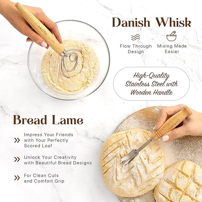 ABIOTO Sourdough Bread Baking Supplies and Bread Proofing Baskets - 9" Round & 10" Oval Indonesian Rattan Baskets, Liners, Danish Whisk, Bread Lame & Scrapers - 14 Piece Bread Making Kit for Beginners