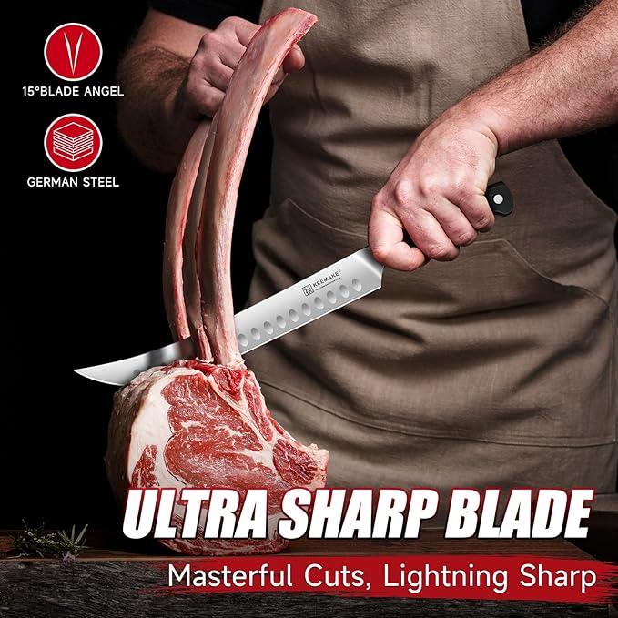 KEEMAKE Butcher Knife, 10‘’ Carving & Slicing Knife with Ergonomic Full Tang Handle, German High-Carbon Steel, Sheath Included, Razor Sharp for Meat, Roasts, BBQ, Turkey, Grilling Gifts for Men