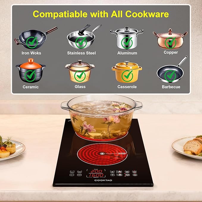 Dual Heating Coil Design of 2 Burner Electric Cooktop, 1800W Commercial Ceramic Infrared Cooking Hot Plate, Portable Countertop or Built-in Radiant Stove Top Cooker with WATT and TEMP Control