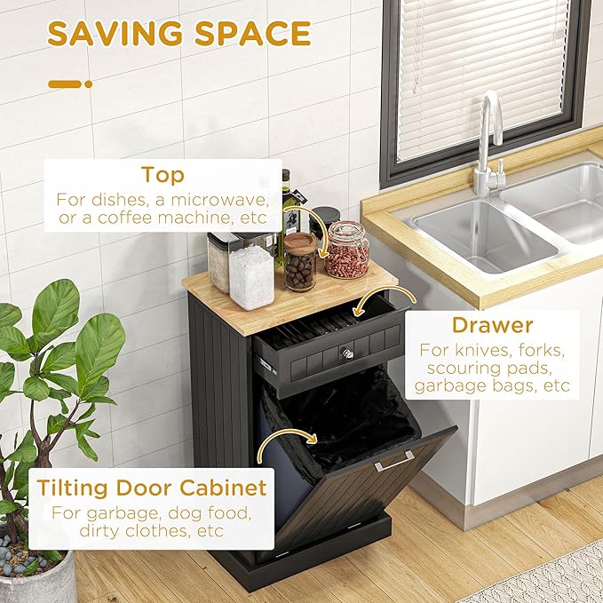 HRVEOCEI Single Tilt Out Trash Can Cabinet for 10 Gallon, Trash Can Holder Cabinet with Drawer, Farmhouse Garbage Cabinets for Kitchen Living Room, Easy to Clean (Black)