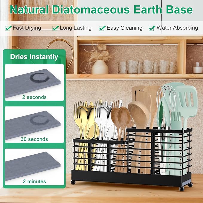 TomCare Utensil Holder with Water Absorbent Diatomite Stone 3 Removable Dividers Large Silverware Organizer Sturdy Cooking Utensils Organizer Caddy Metal kitchen Organizers and Storage for Counter