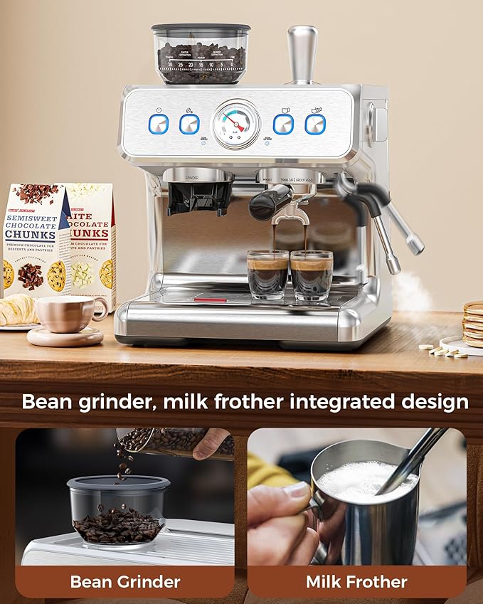 COWSAR (2025 Upgrade 15 Bar Espresso Machine with Grinder & Milk Frother Steam Wand, Tamping Tools,58mm Commercial Espresso Maker for Home,Coffee Maker with Grinder Perfect for latte,Cappuccino