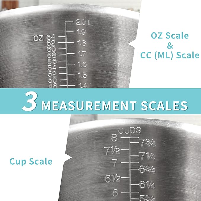 Measuring Cup, [Upgraded, 3 Measurement Scales, Including Cup Scale, ML Scale, Ounce Scale], Newness Stainless Steel Measuring Cup with Marking with Handle, 64 Ounces (2.0 Liter, 8 Cup) (Pack of 2)