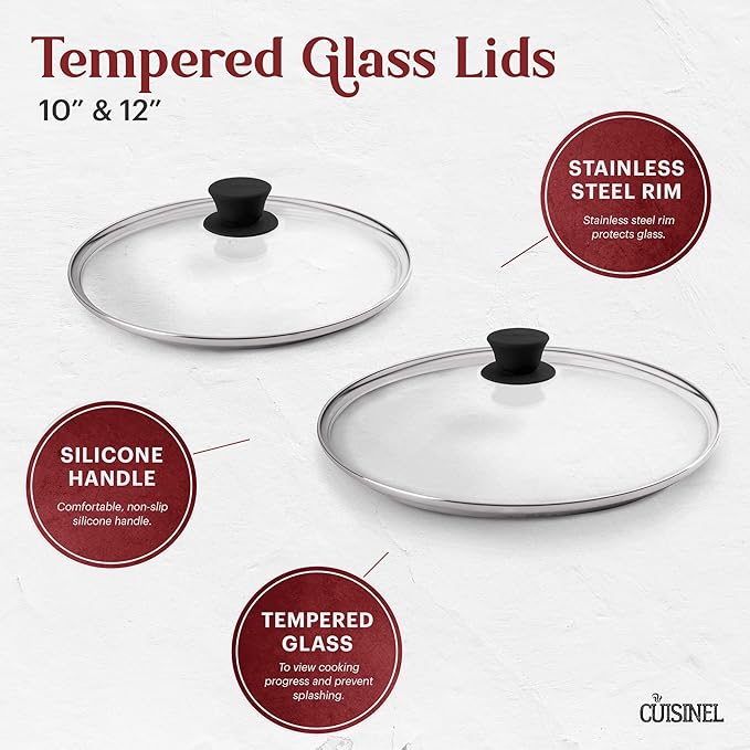 Cast Iron Skillet Set - 10" + 12"-Inch Pre-Seasoned Frying Pans + Glass Lids + Silicone Handle Cover Grips - Indoor/Outdoor Use - Grill, Oven, Stovetop, Induction, BBQ, Firepit Safe Kitchen Cookware