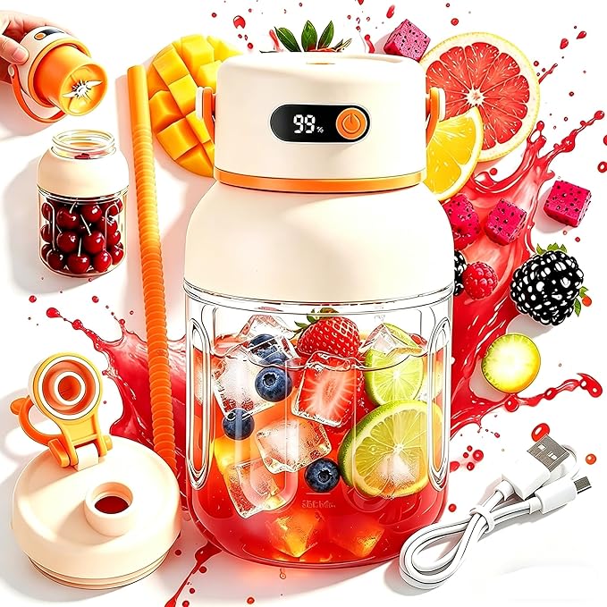 Portable Electric Juicer Cup with Zero Cord Hassle,Fresh Juice Mini Fast Portable,18000 Rpm High Speed with Digital Display&Leakproof Lid,Automatic Cleaning with Straw and Two Lids (800ml/28.22oz)
