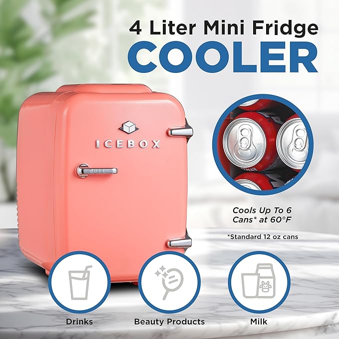 ICEBOX IBMF4BLS Mini Fridge For Bedroom, Skincare Refrigerator, Portable Cooler & Warmer for Makeup, for Office & Home, Mini (4 L / 6-Can), Blush Red