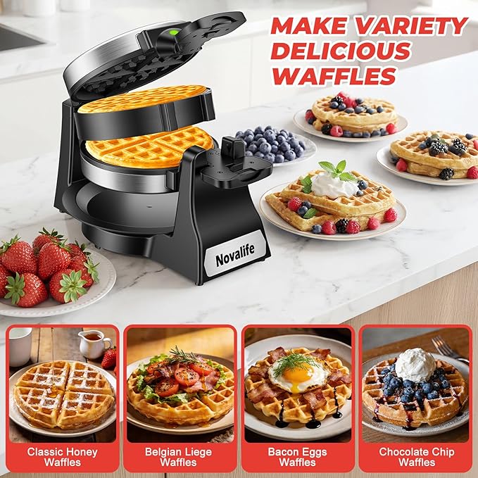 Waffle Maker, 1400W Belgian Waffle Maker, Double Waffle Iron 180° Flip, 8 Slices, Rotating & Nonstick Plates, Removable Drip Tray Easy to Clean, Locking Buckle & Cool Touch Handle, Stainless Steel