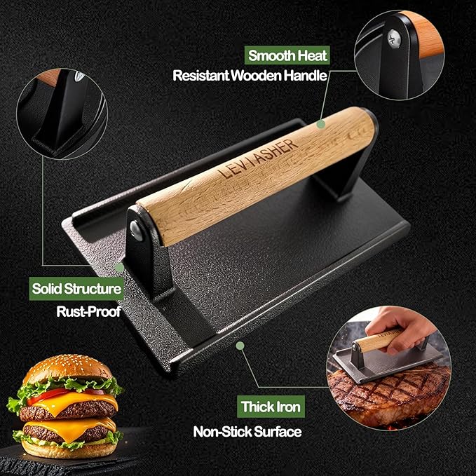 2Pcs 2.2lb Heavy Duty Cast Iron Grill Press, 6.7" Round 7.8X3.9" Rectangle Burger Press with Wood Handle for Blackstone, Griddle, Chef, Camp, Panini, Vegetable, Bacon, Sandwich, BBQ, Grid-patterned