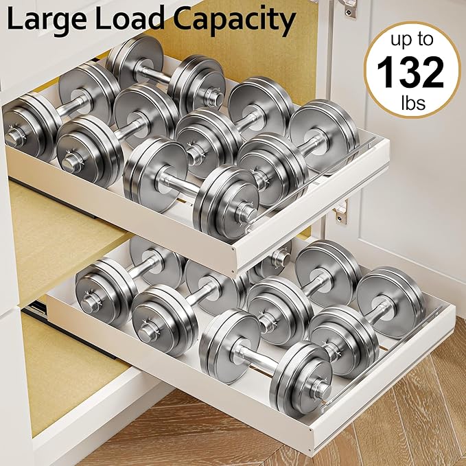 Mingling 2 Pack Pull Out Cabinet Organizer, Carbon Steel Heavy Duty Slide Out Drawer, 21" Deep White Adhesive Pull Out Drawers for Cabinets, Roll Out Shelves for Kitchen Organization, Pantry, Bathroom