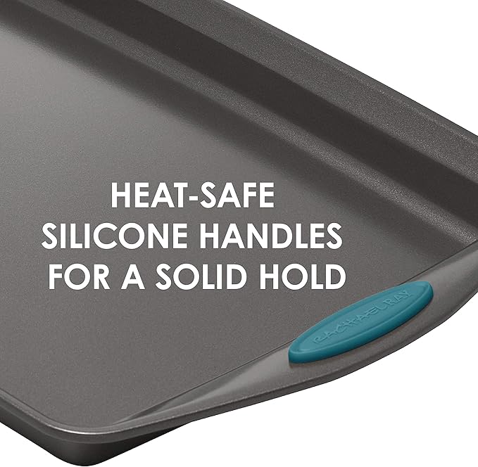 Rachael Ray 47021 Nonstick Bakeware Set with Grips includes Nonstick Baking Pans, Baking Sheet and Nonstick Bread Pan - 5 Piece, Gray with Marine Blue Handles