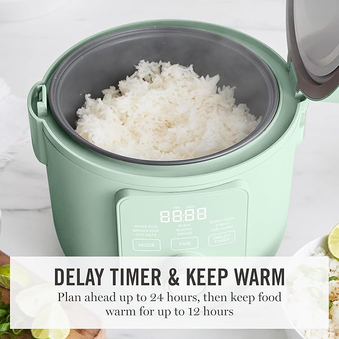 Martha Stewart Rice Cooker, 4 Cup (Uncooked) / 8 Cup (Cooked), Ceramic Non-Stick Removable Pot, Keep Warm, Measure Markings, Steam Basket, Brown & Sushi Rice, Quick Cook, Quinoa, Grains, Oats, Honeydew Green