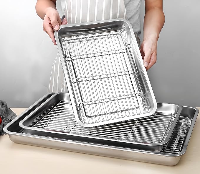 Roasting Pan Heavy Duty Stainless steel Turkey Pans for Oven,Toaster Oven Tray Pans with cooling rack,Hotel Pan, Barbeque Grill Pan,Deep Edge,Mirror treatment, Dishwasher Safe (19.5"x13.6"x2.8")